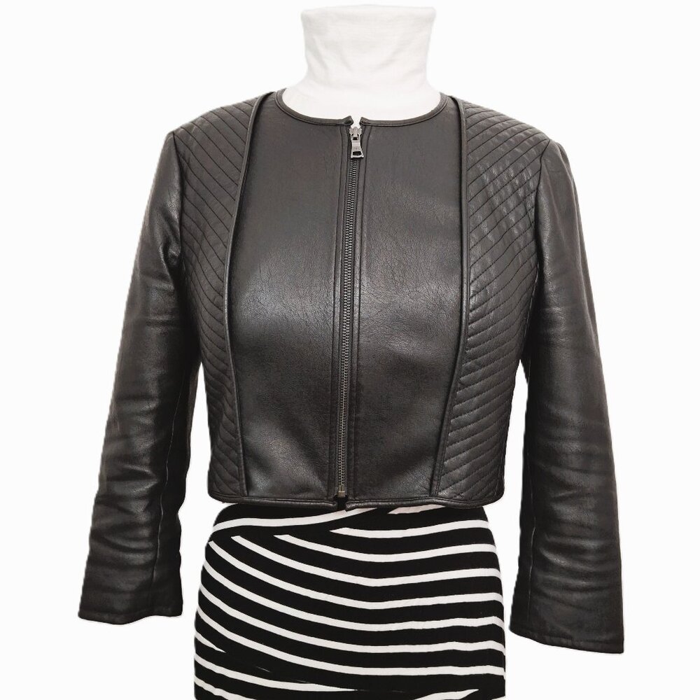 BCBGMAXAZRIA Vegan Leather Crop Jacket Sz Lg Black Lined Quilted Zip - Picture 4 of 15